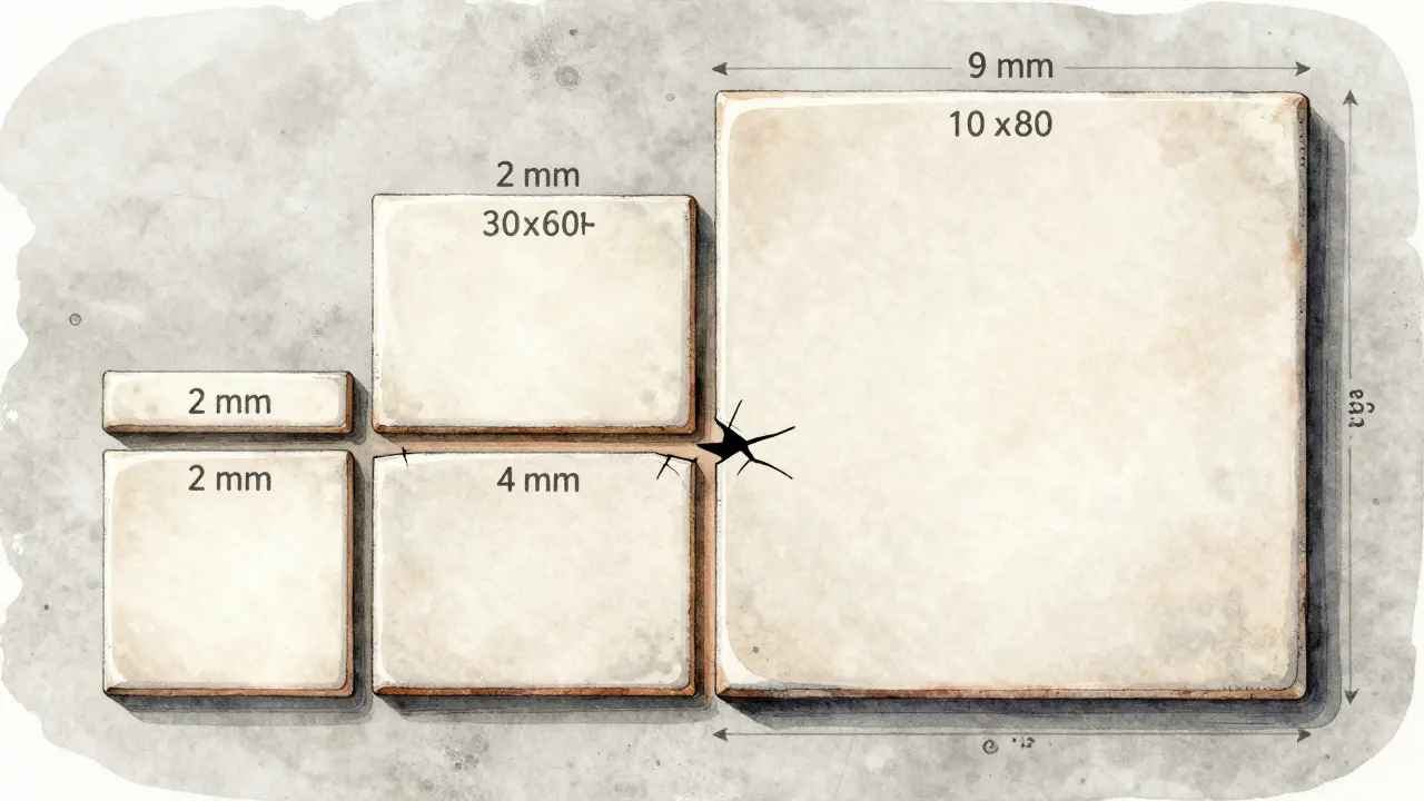 Cross-section illustration showing different grout widths on tiles of varying sizes with thermal expansion forces.