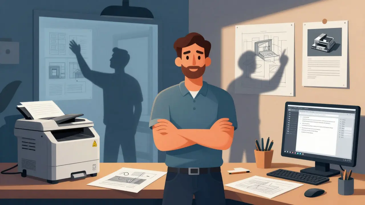 Dizajnér pozoruje, jak klient kopíruje jeho návrh do jiné místnosti, symbolicky znázorněno photokopírovacím strojem.