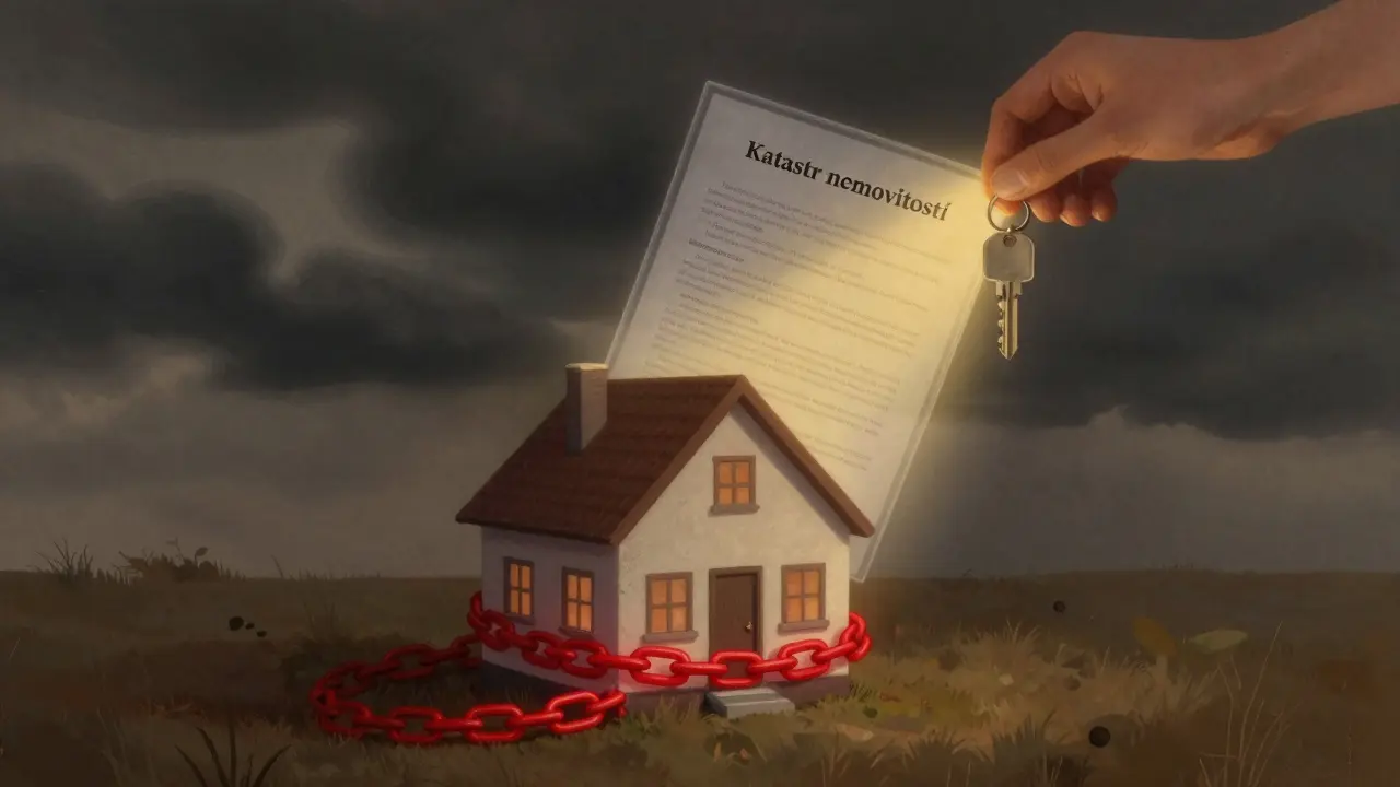 Dům s červeným řetězem symbolizujícím zástavu, nad ním průhledný katastrální výpis.