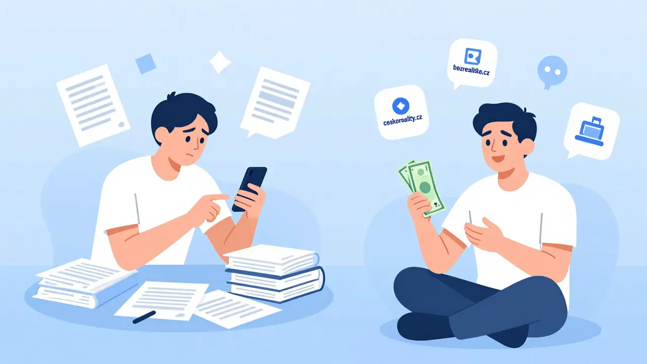 Dvě strany jednoho domácnosti: jedna stresovaná s dokumenty, druhá klidná s penězi a online platformami.