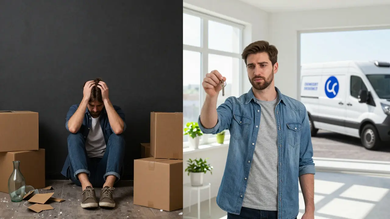 Dvě strany jednoho scény: chaos při stěhování vs. klid v novém, osvětleném bytě.