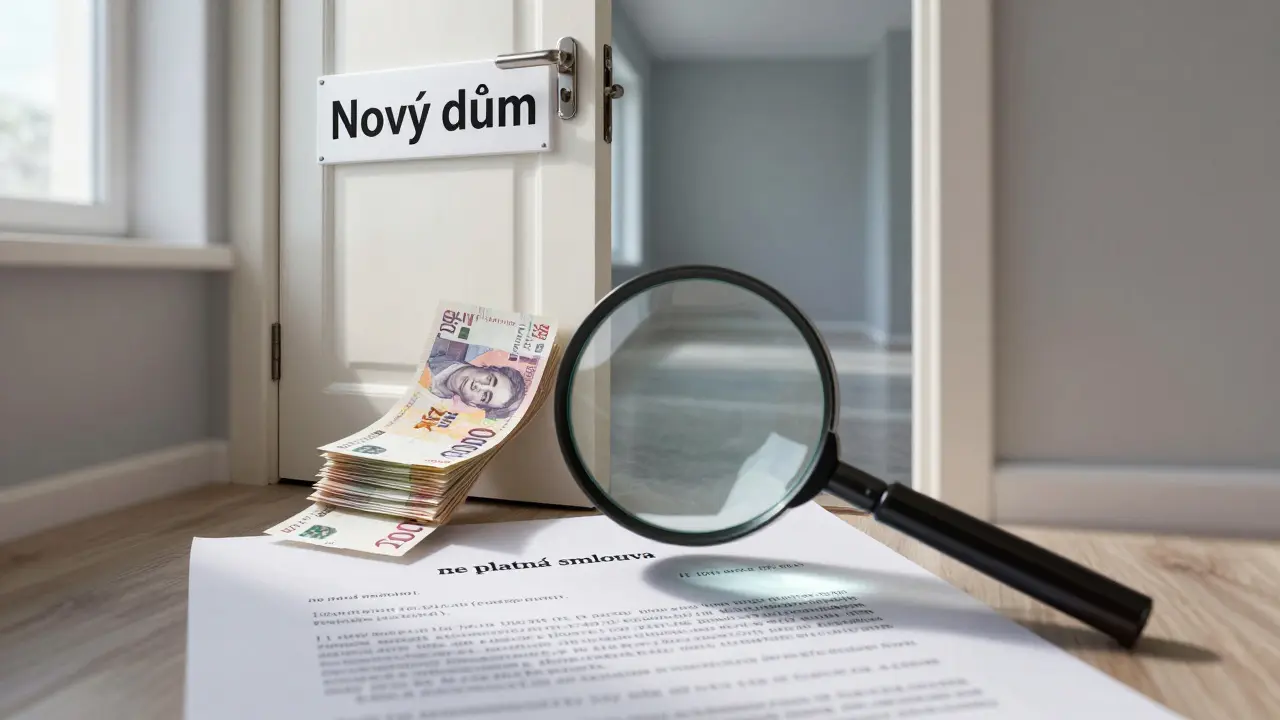 Dveře do domu se zavírají, zatímco tisíce korun unikají skrz štěrbinu, smlouva na zemi je neplatná.