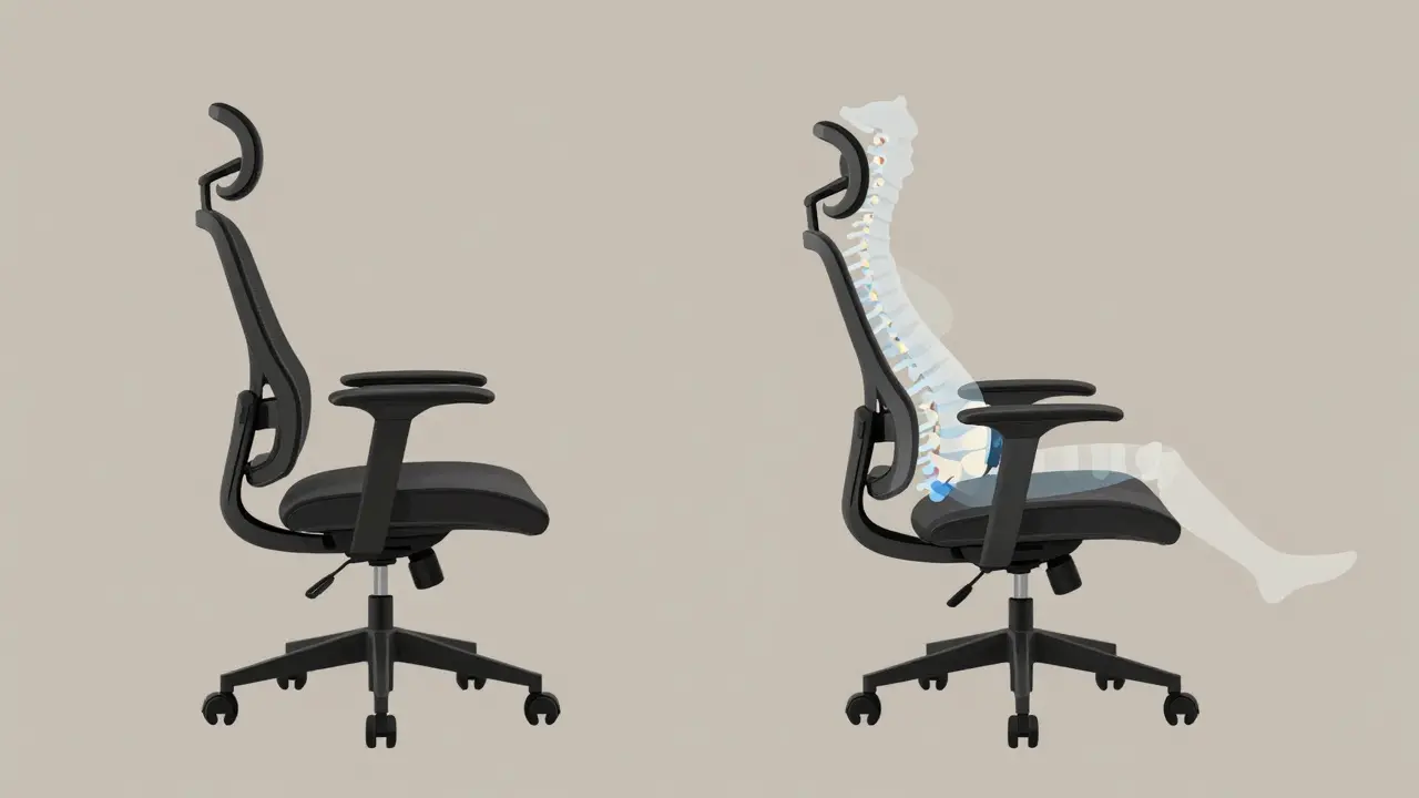 Ergonomické křeslo ve dvou režimech: práce a relaxace, s viditelnou podporou páteře.