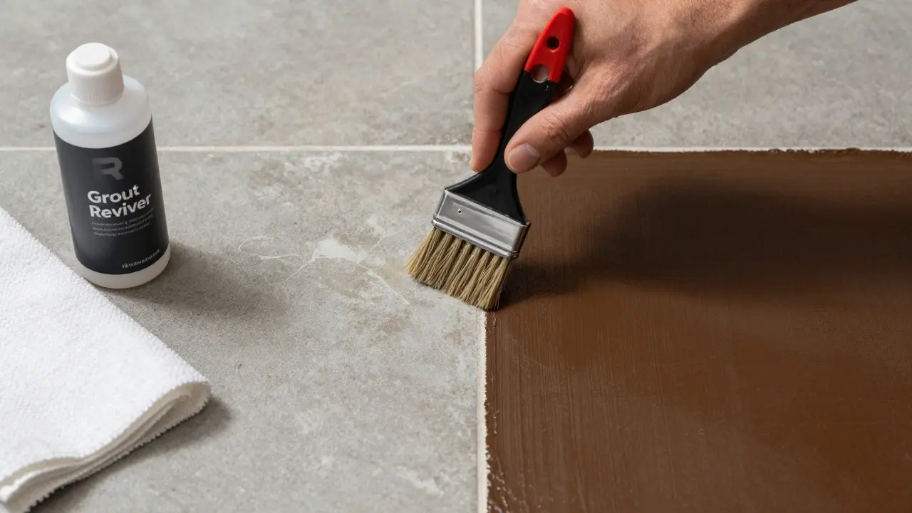 Hand applying dark grout colorant to old white grout, with before-and-after visual comparison.