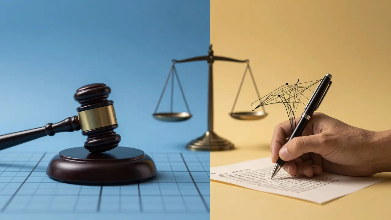 Konceptuální obraz srovnávající notáře a právníka jako dva přístupy k ochraně vlastnictví.