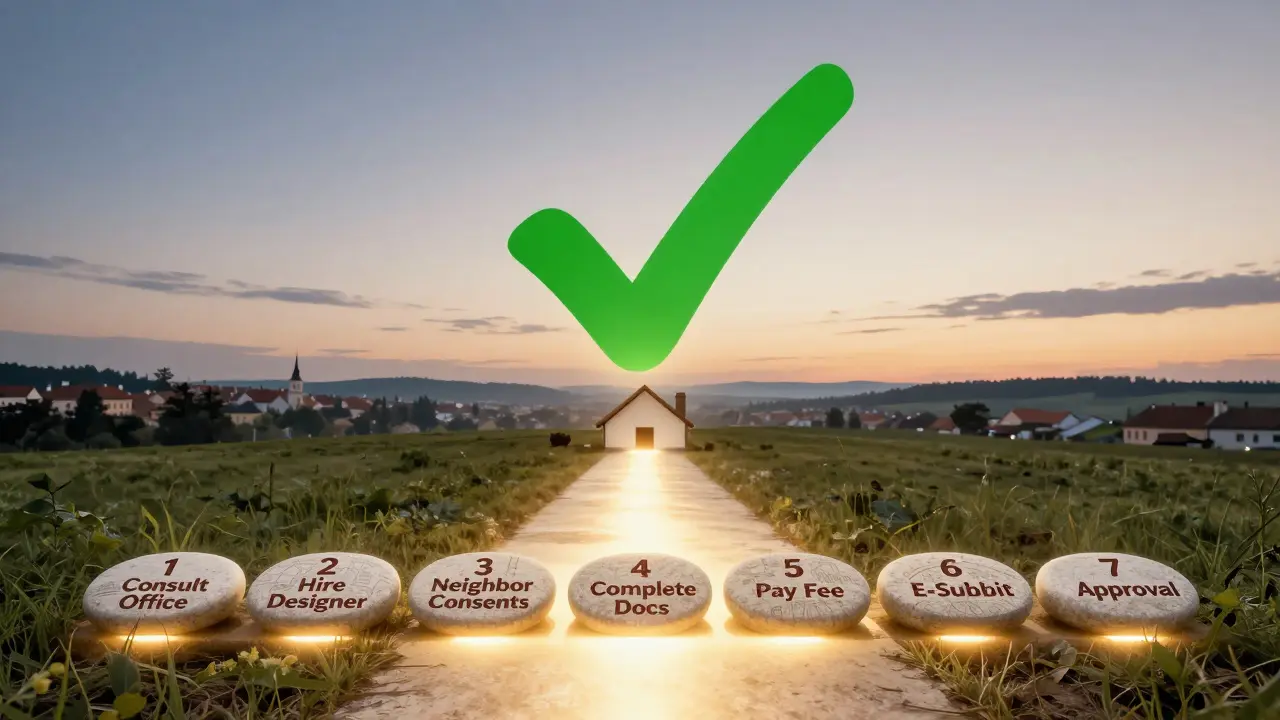 Kroky k získání stavebního povolení jako světlá cesta k zelenému potvrzení.