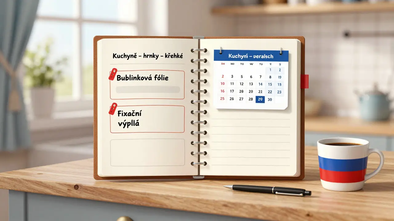 Kuchyňský stůl s označenými krabicemi, bublinkovou fólií a kalendářem pro stěhování.