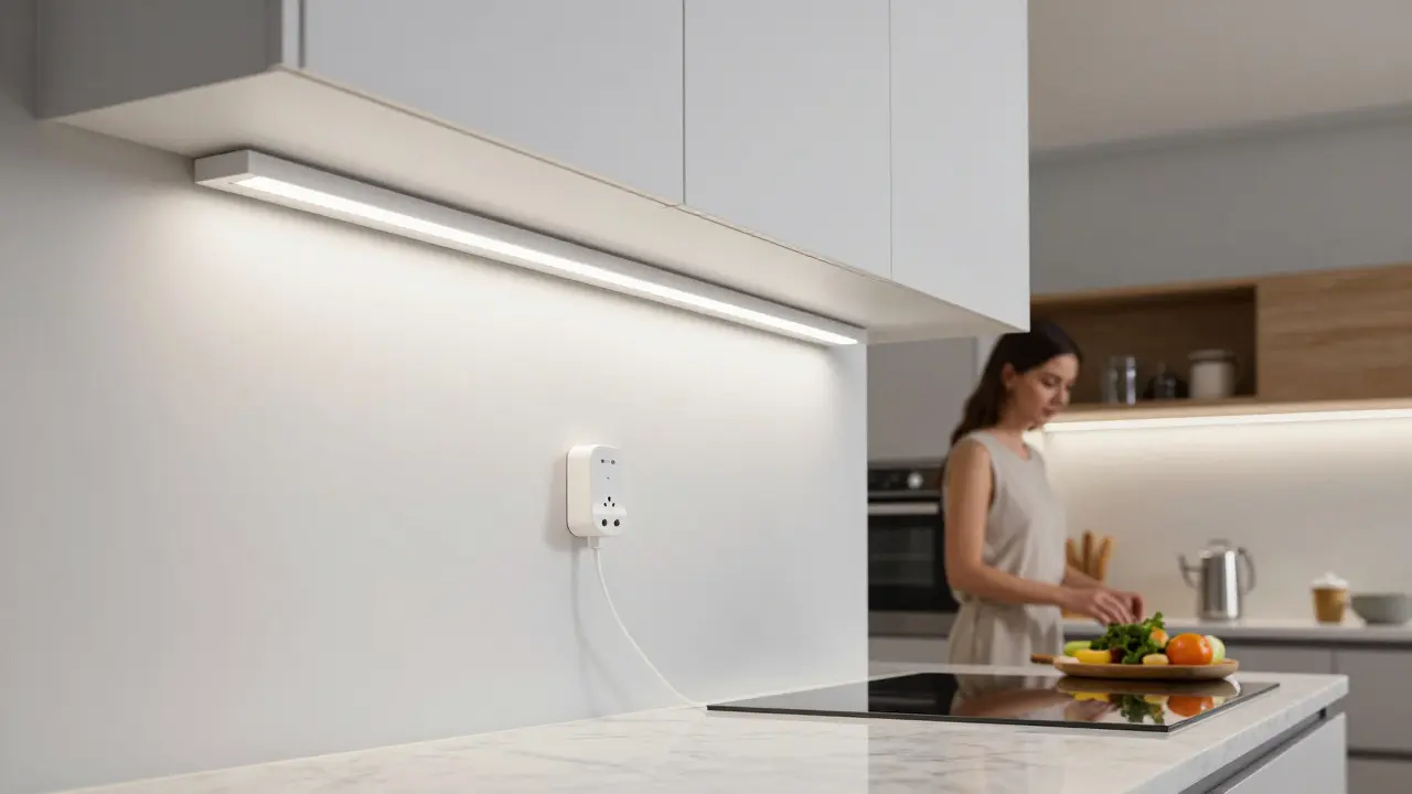 LED světlo pod kuchyňskou linkou osvětluje pracovní plochu v čisté kuchyni.