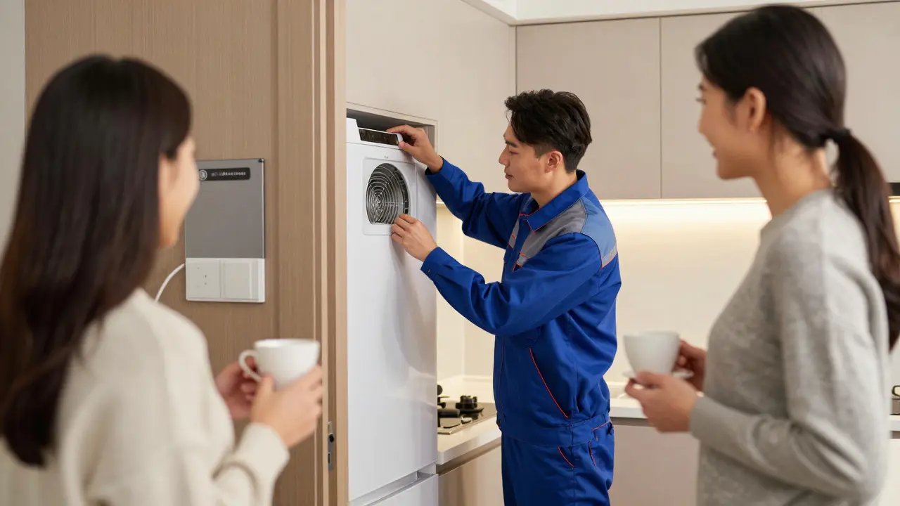 Maintenance technician servicing an appliance in a clean, upscale apartment while guest observes calmly.