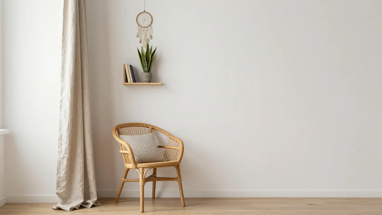 Minimální Boho roh v malém bytě s vysokým rattanovým křeslem, rostlinou a závěsem vytvářejícím dojem výšky.