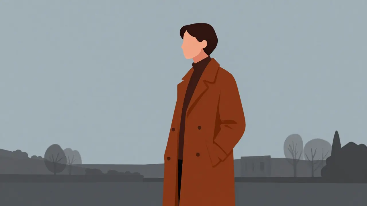 Osoba v tmavě oranžovém kabátě před modrým nebem, hloubka vytvořená pouze barvami.