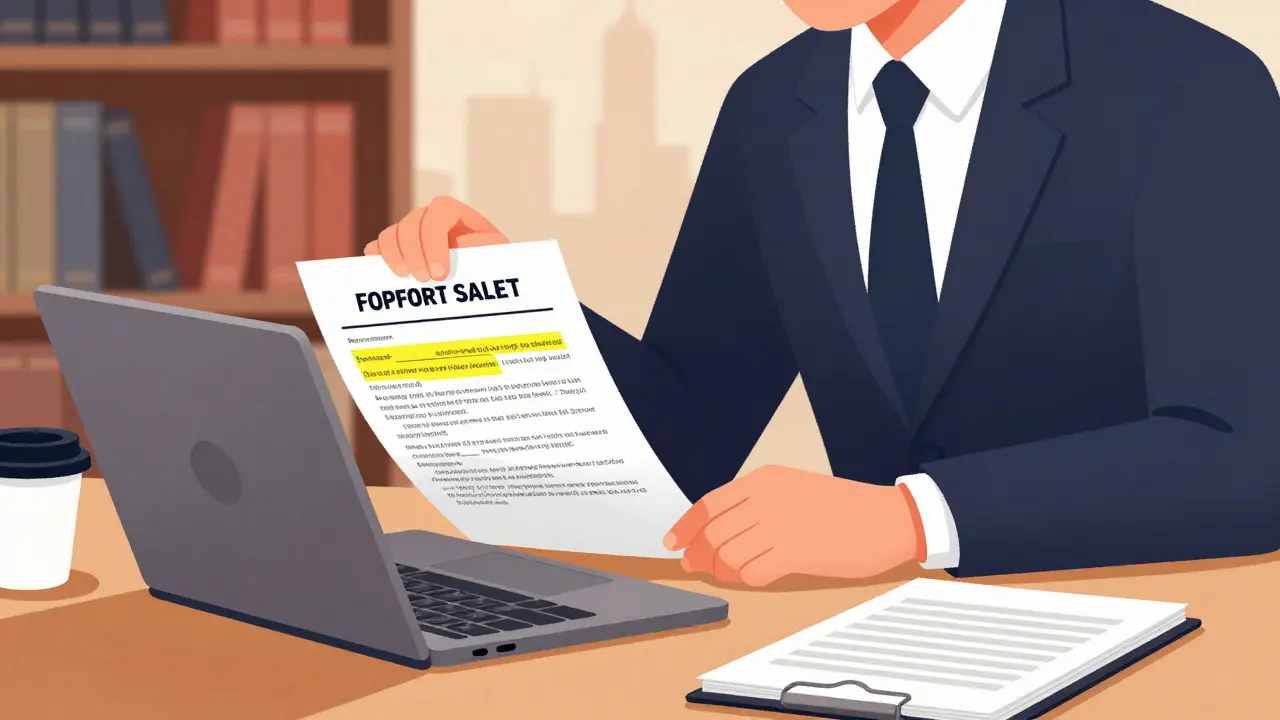 Právník připravuje smlouvu o prodeji nemovitosti na počítači s vyznačenými podmínkami.