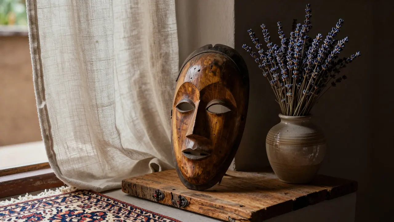 Ručně vyrobená dřevěná maska z Ghanu na regálu s sušenou lavandou a lněným závěsem v pozadí.