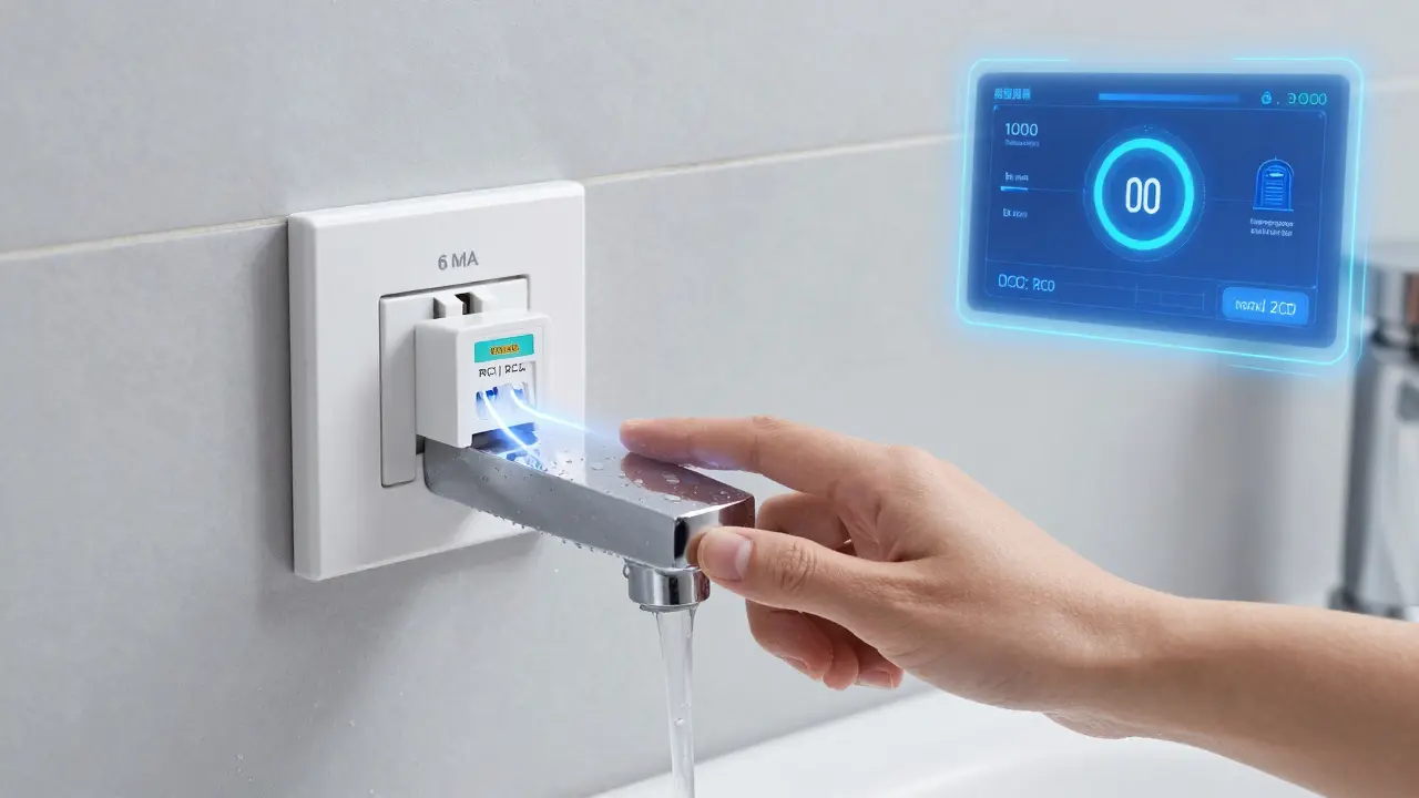 Ruka dotýkající se mokrého kohoutku, s přehledem bezpečného odvodu proudu 6 mA.