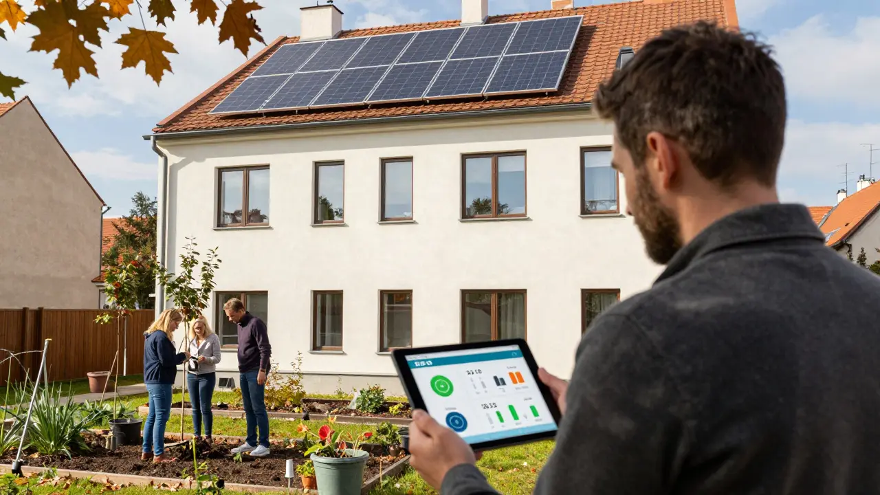 Small investor monitoring smart building data in Brno, with solar panels and community garden.
