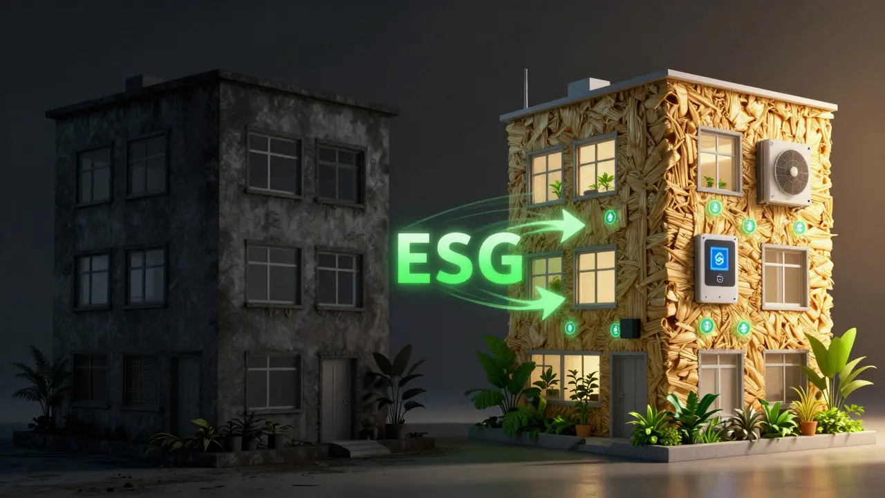 Split image showing outdated building transforming into energy-efficient ESG-certified space.