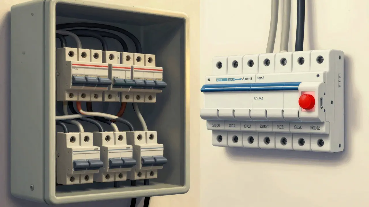 Starý rozváděč bez chrániče v kontrastu s novým, bezpečným elektrickým systémem.