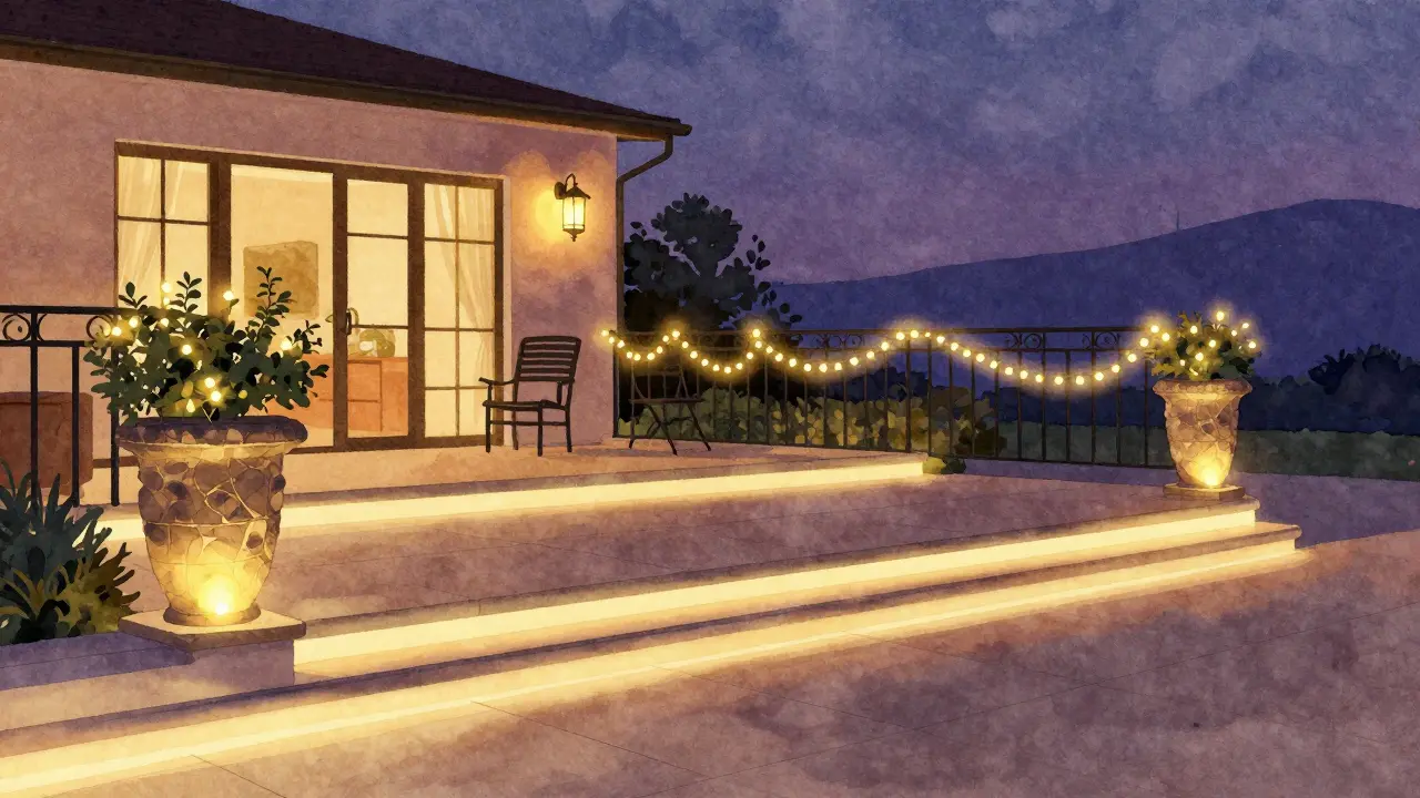 Tři úrovně osvětlení na terase: základní, akcentové a dekorativní, všechny v teplém odstínu.