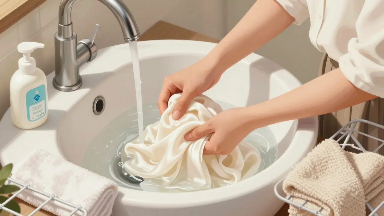 Žena ručně práče hedvábnou halenku v teplé vodě, opatrně ji přemísťuje, bez tření.