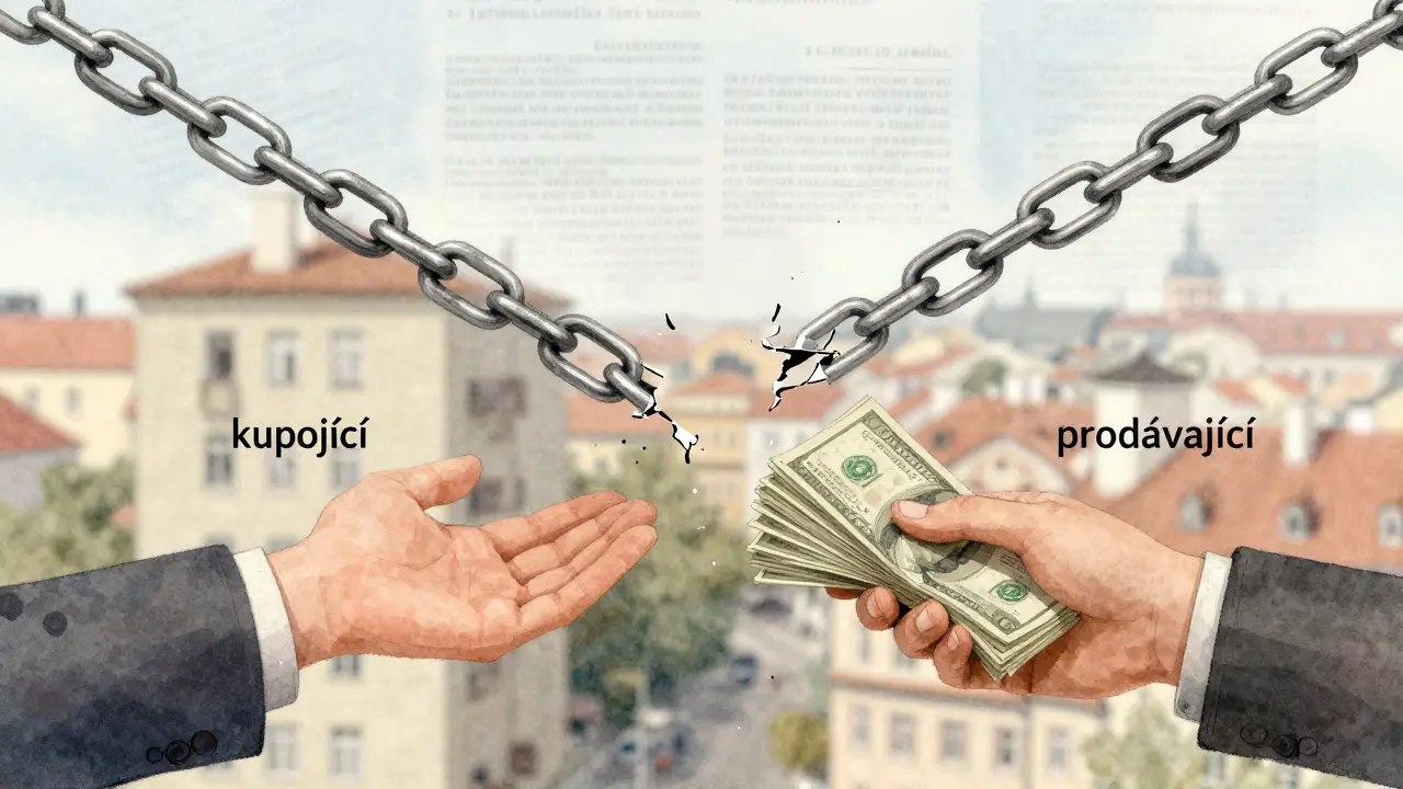 Zlomený řetězec mezi kupujícím a prodávajícím, symbolizující finanční ztrátu při nákupu nemovitosti.