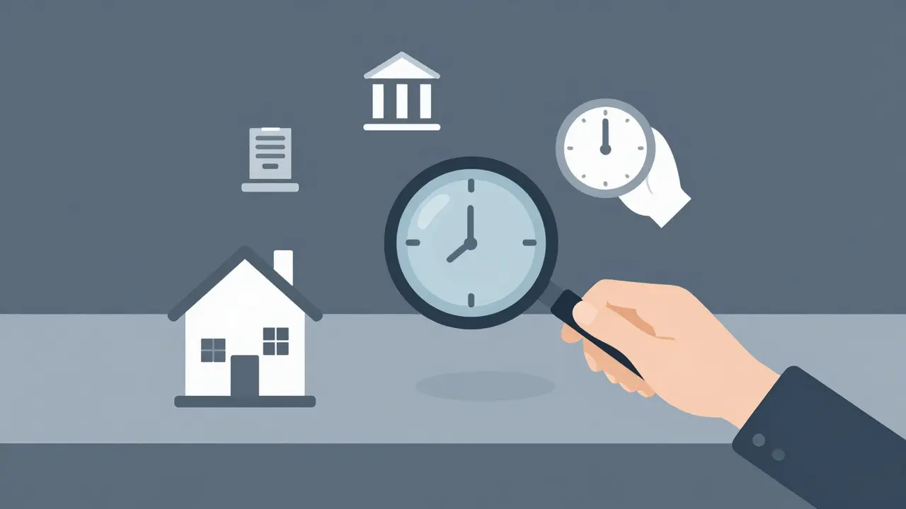 Abstraktní symboly poplatků na stole: dům, hodiny, předčasné splacení