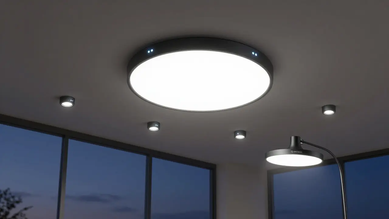 Chytré osvětlení pro vysoké stropy: centrální svítidlo, doplňkové bodovky a pohyblivá lampa s jemným zářením.