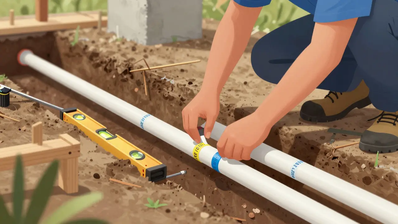 Dílka základu s položenými plastovými potrubími a kabely v příkopu.