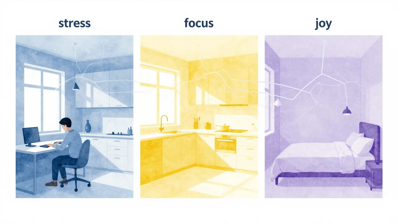 Interior s různými barvami v různých místnostech a spojením s mozgovými funkcemi.