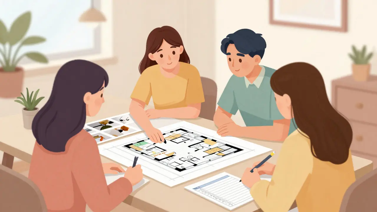 Klient a designér spolupracují při prohlížení půdorysu.