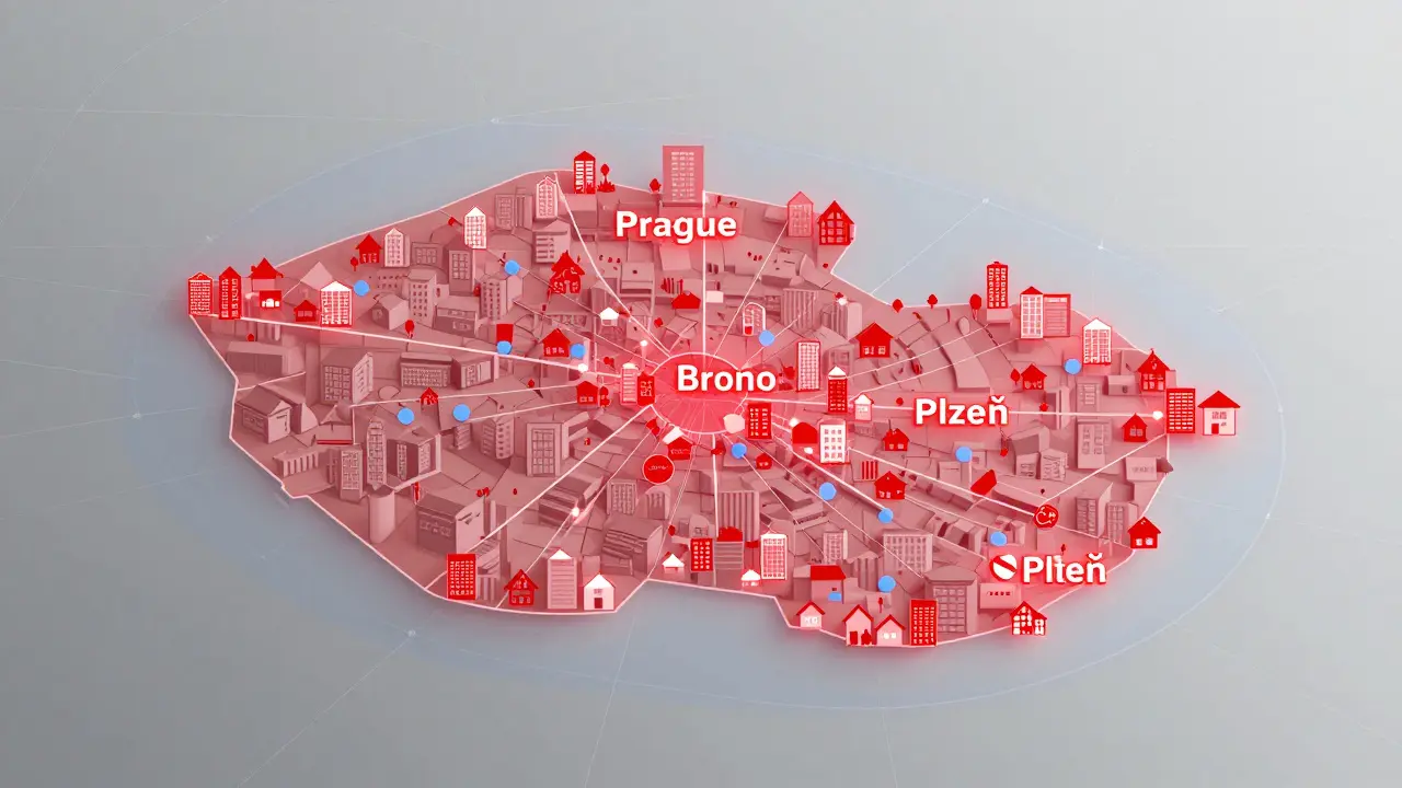 Mapa Česka s označením oblastí s vysokou poptávkou po bydlení a omezenou nabídkou