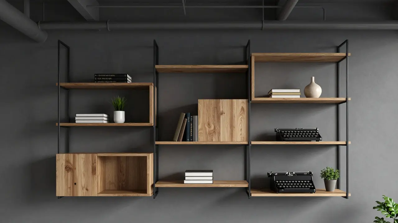 Modulární police z černého kovu a dubového dřeva s knihami, vázou a rostlinou na stěně.