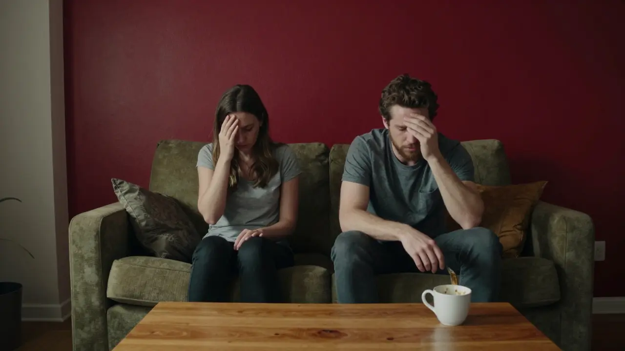 Obývací pokoj s červenou stěnou, kde dvojice působí neklidně.