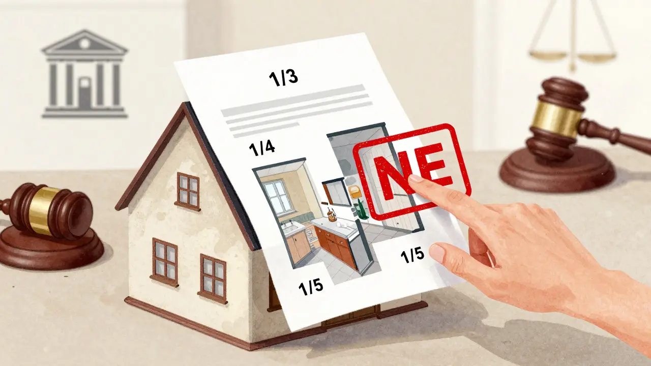 Právní dokument nad domem s rozdělenými podíly a červeným zákazem.