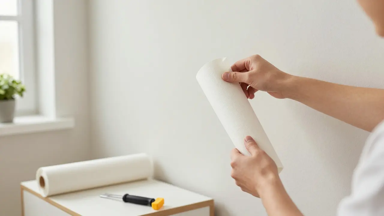 Ruce odstraňující odstranitelnou tapetu z bílé stěny bez poškození.