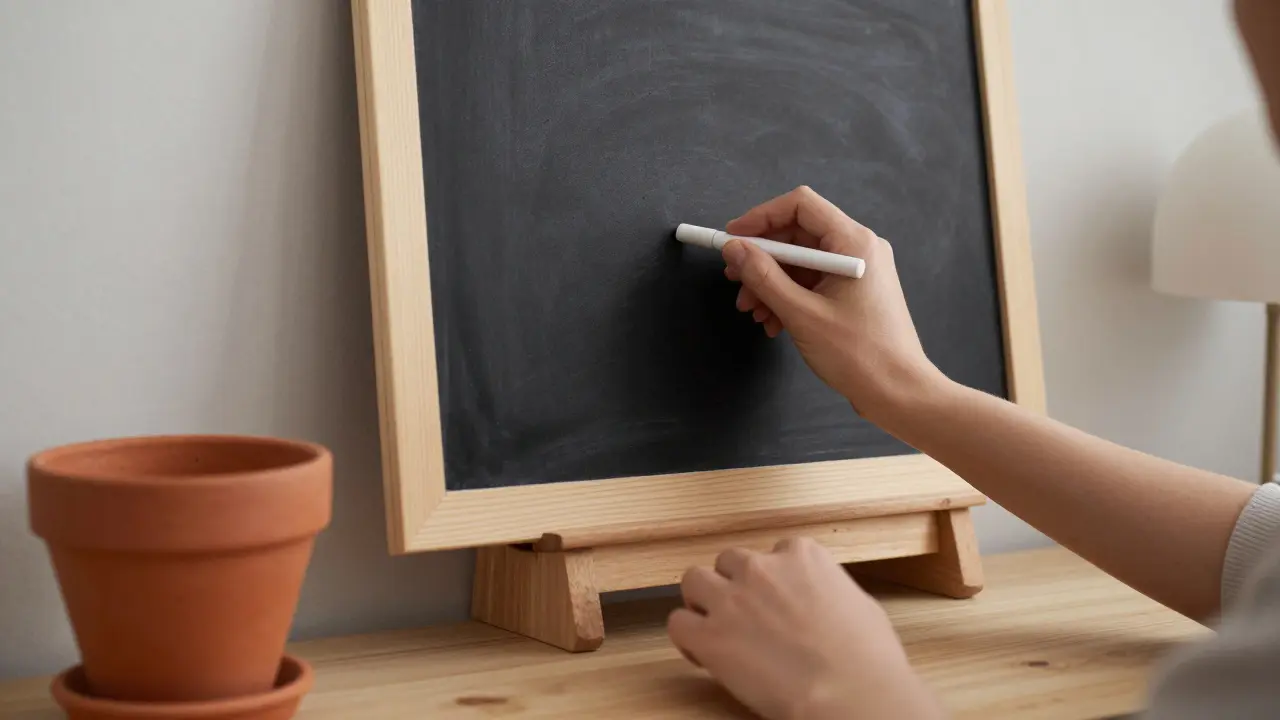 Ruce píší na černé tabuli s terakotovým květináčem a minimalistickou lampou na pozadí.
