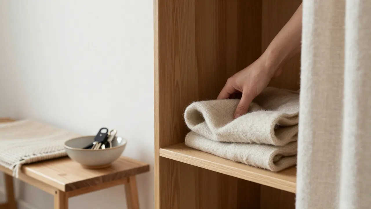 Ruka klade šálu na dřevěnou poličku vedle míčku s klíči v klidné, světlé chodbě.