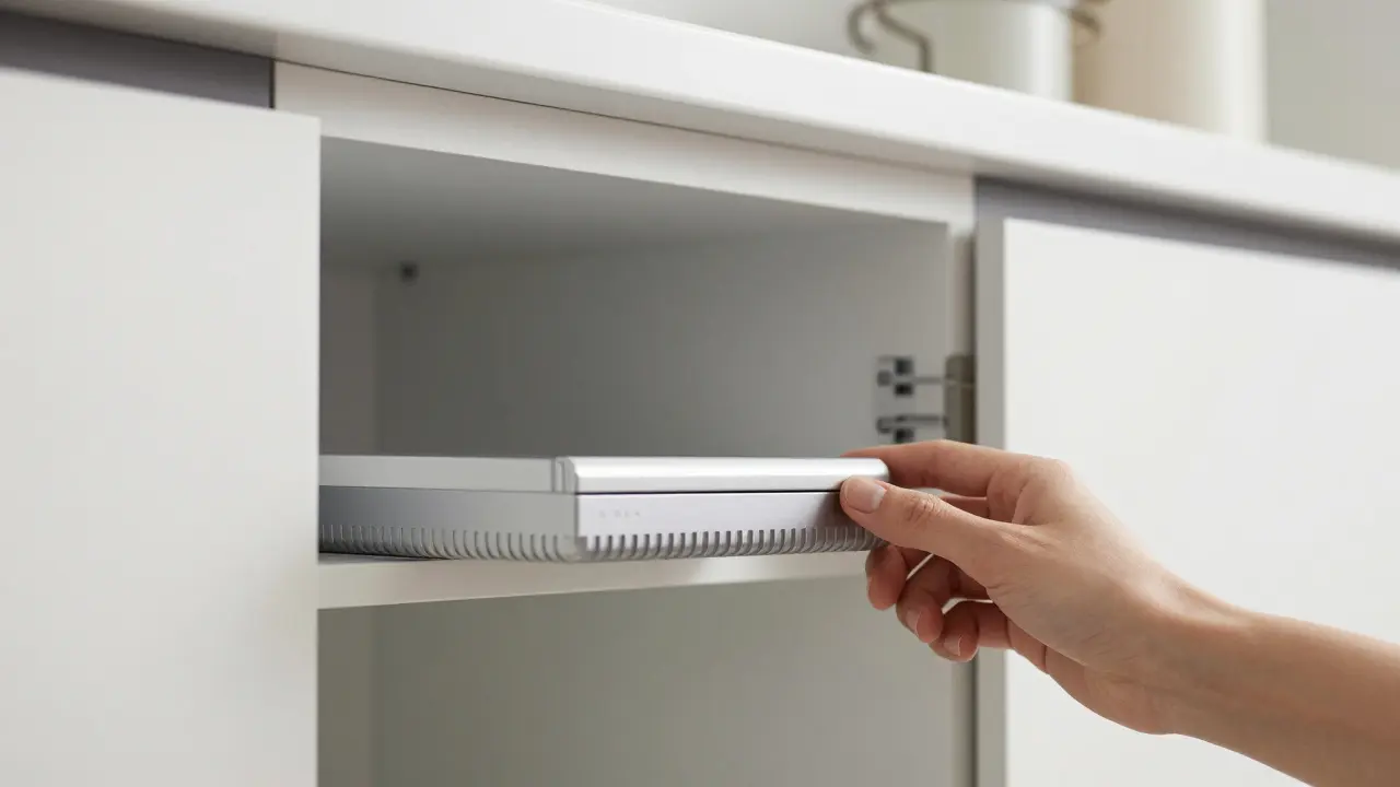 Ruka při otevírání skříně pomocí GOLA profilu — bez kliky, jen jemný dotyk a hladký pohyb.