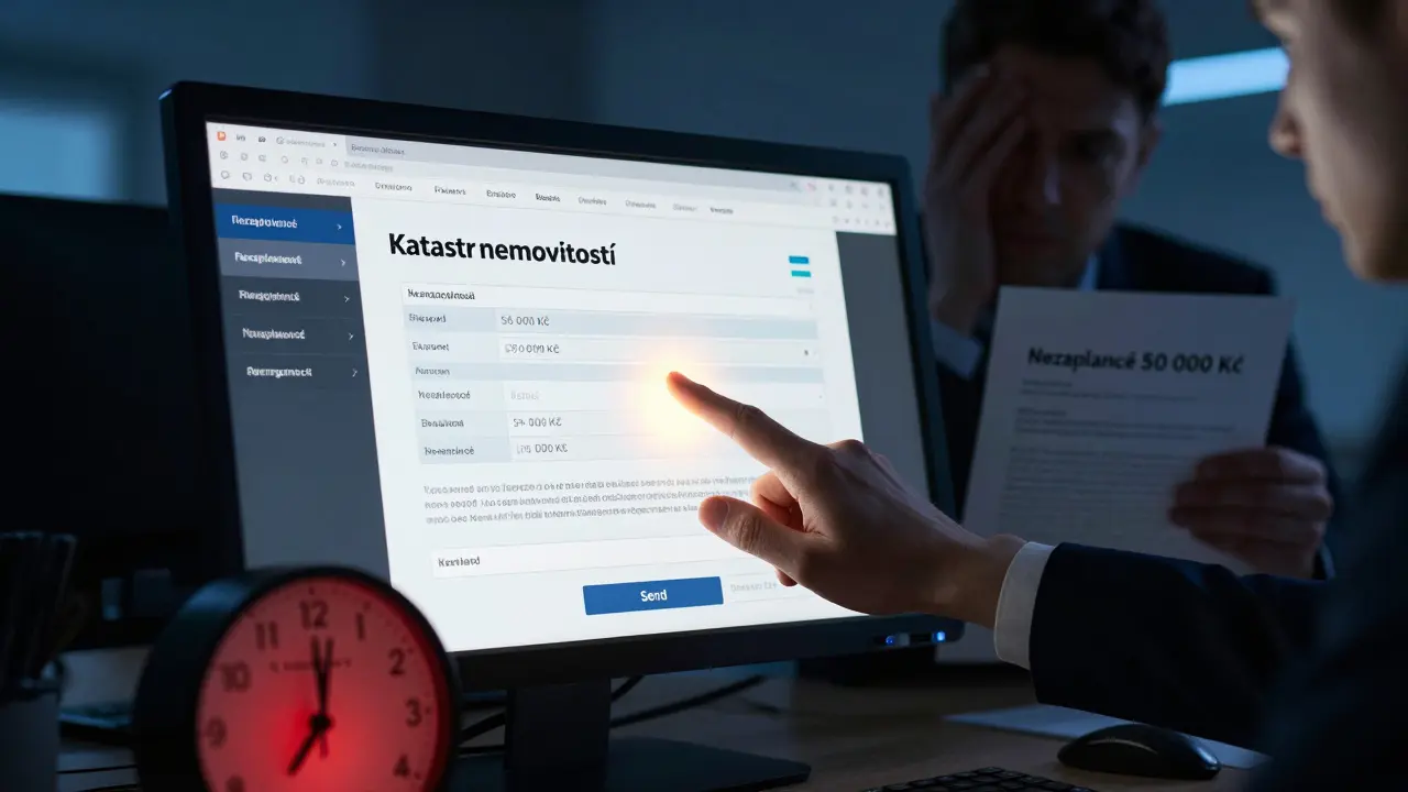 Ruka tlačí na tlačítko odeslání žádosti o převod nemovitosti, zatímco zbytek dluhu zůstává nevyřešený.