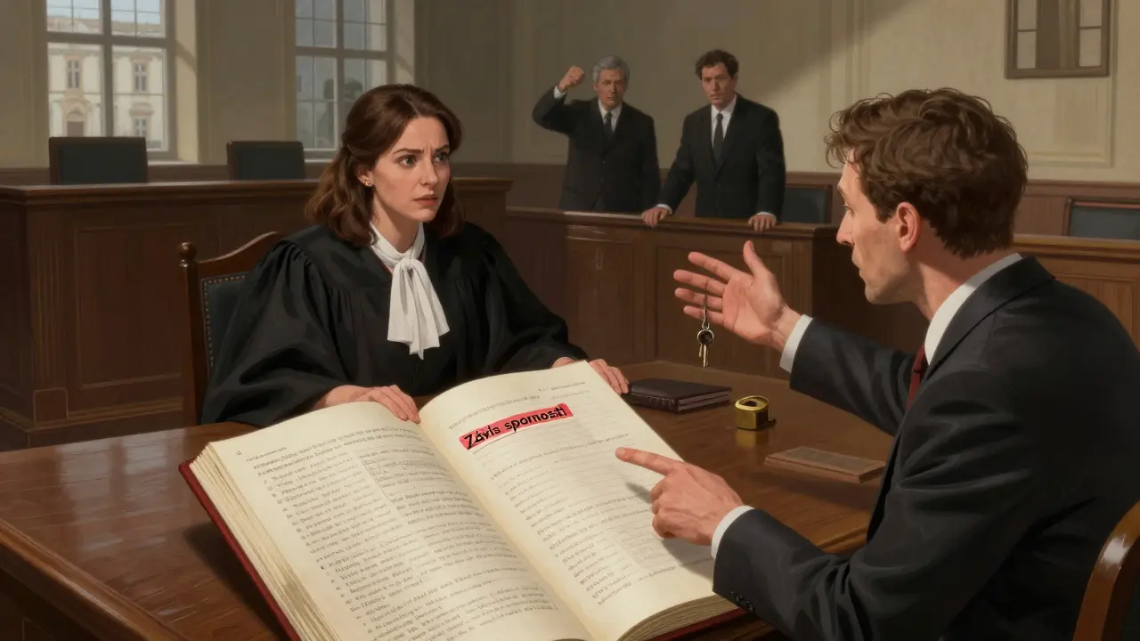 Soudce ukazuje na zápis spornosti v katastrální knize, zatímco majitel nemovitosti ztrácí klíče.