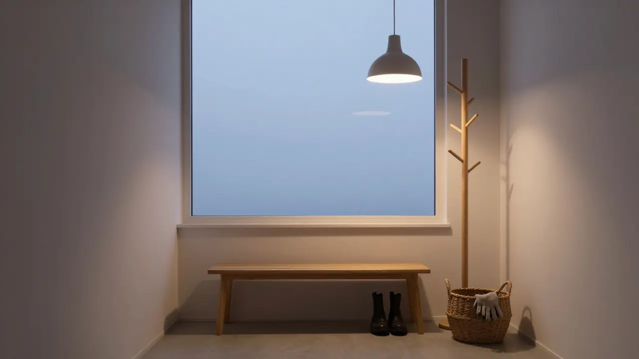 Tichá chodba v soumraku s jednoduchou lampou, lavicí a řádně uloženými botami, osvětlená teplým světlem.