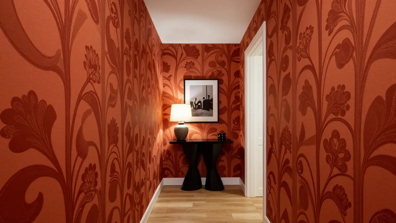 Chodba s výraznou retro tapetou v terakotové červené s vinnými větvemi, světlý dřevěný podlaha a jednoduchý konsolový stůl.