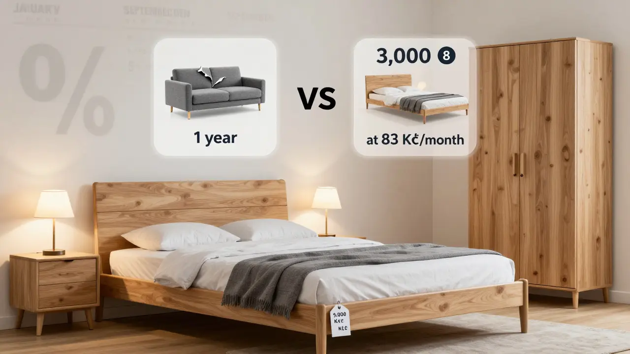 Complete bedroom set priced at 5,000 Kč with floating cost-per-month comparison icons.