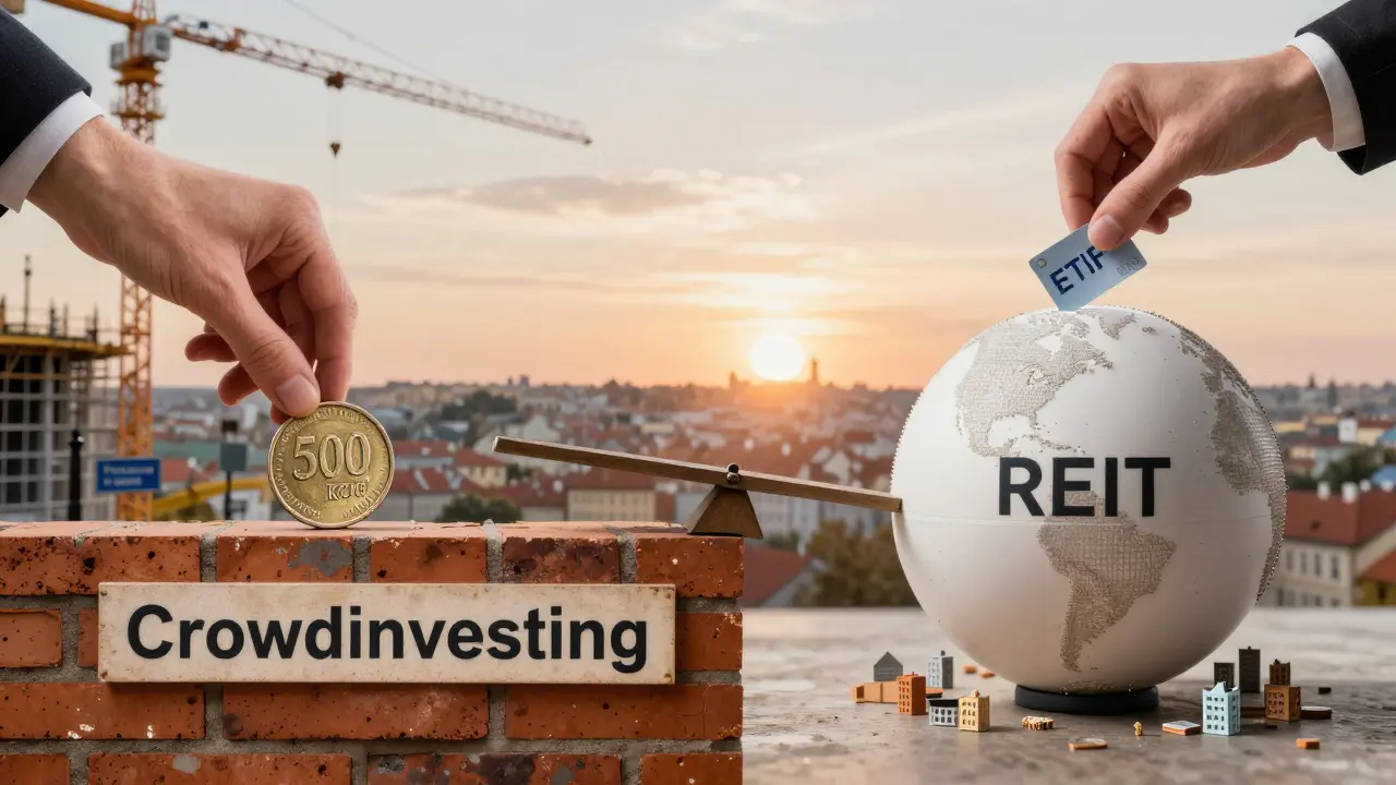 Dvoučelná scéna: jedna ruka klade minci do zdi s stavbou, druhá do globu s budovami po světě — srovnání crowdinvestingu a REIT.