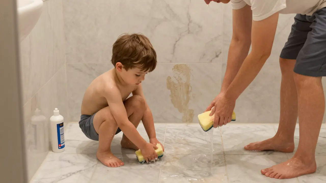 Family in bathroom with durable porcelain floor and stained marble wall, showing maintenance contrast.