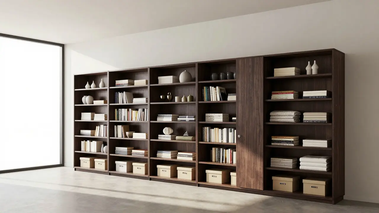 Floor-to-ceiling dark wooden shelves organized by item height in a modern living room with natural light.