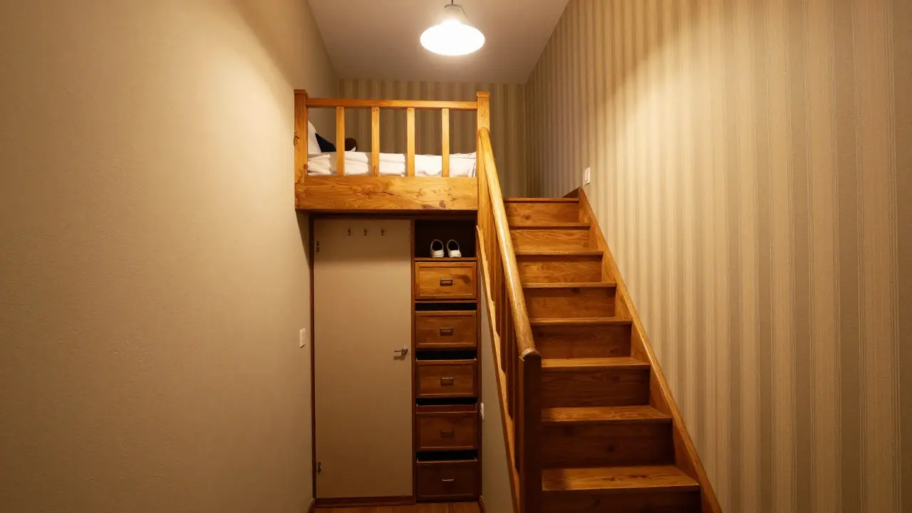 Gentle sloped staircase with integrated under-stair storage drawers and wardrobe, leading to a loft sleeping area.