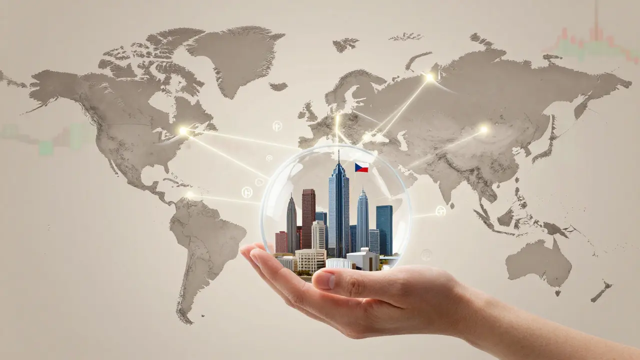Globální mapa s propojeními k nemovitostem symbolizující REIT ETF investice s českou vlajkou jako výchozím bodem.