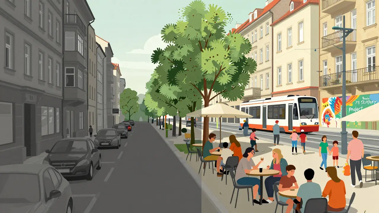 Kontrast mezi opuštěným centrem Prahy a živou periferií s novými komunitními prostory a stavbami.