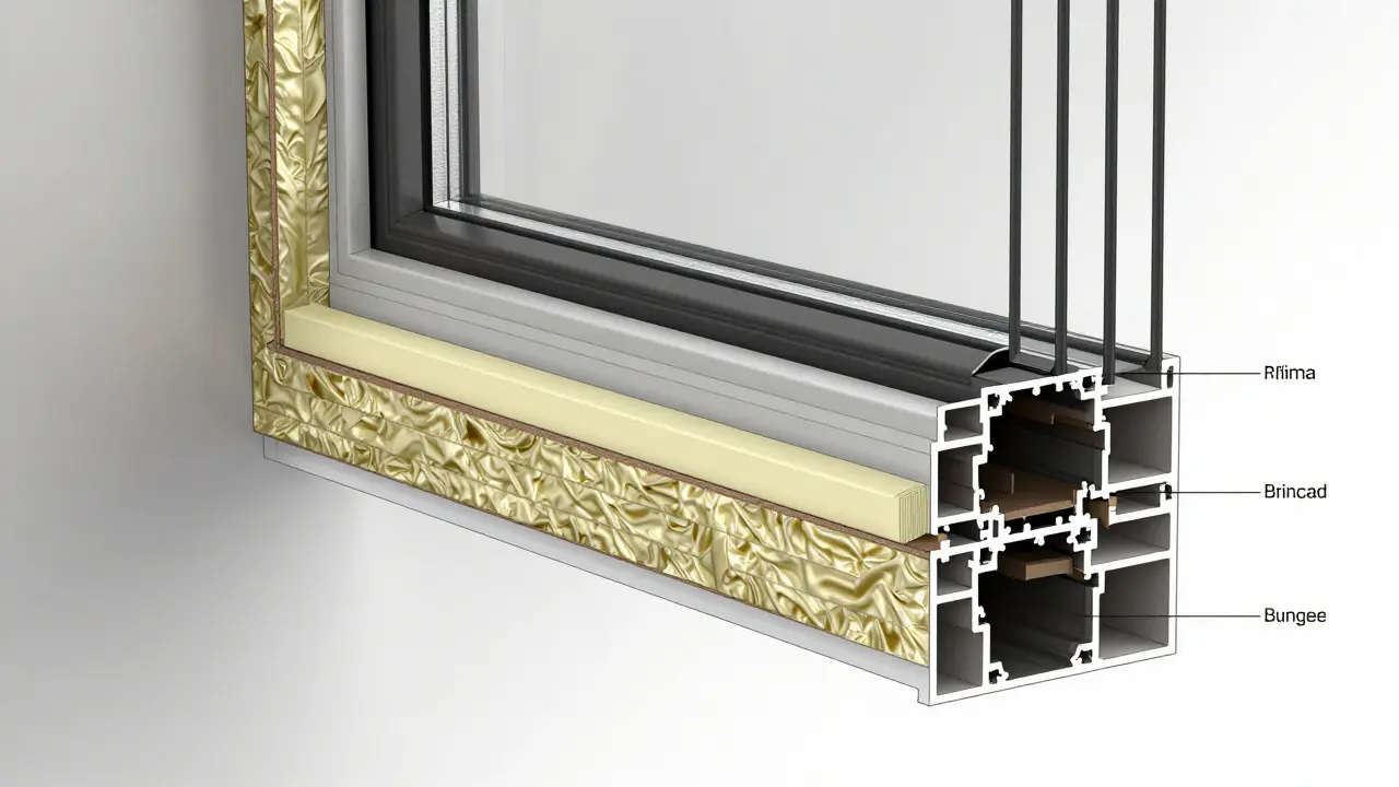 Křížový řez instalace moderního okna s izolačními vrstvami