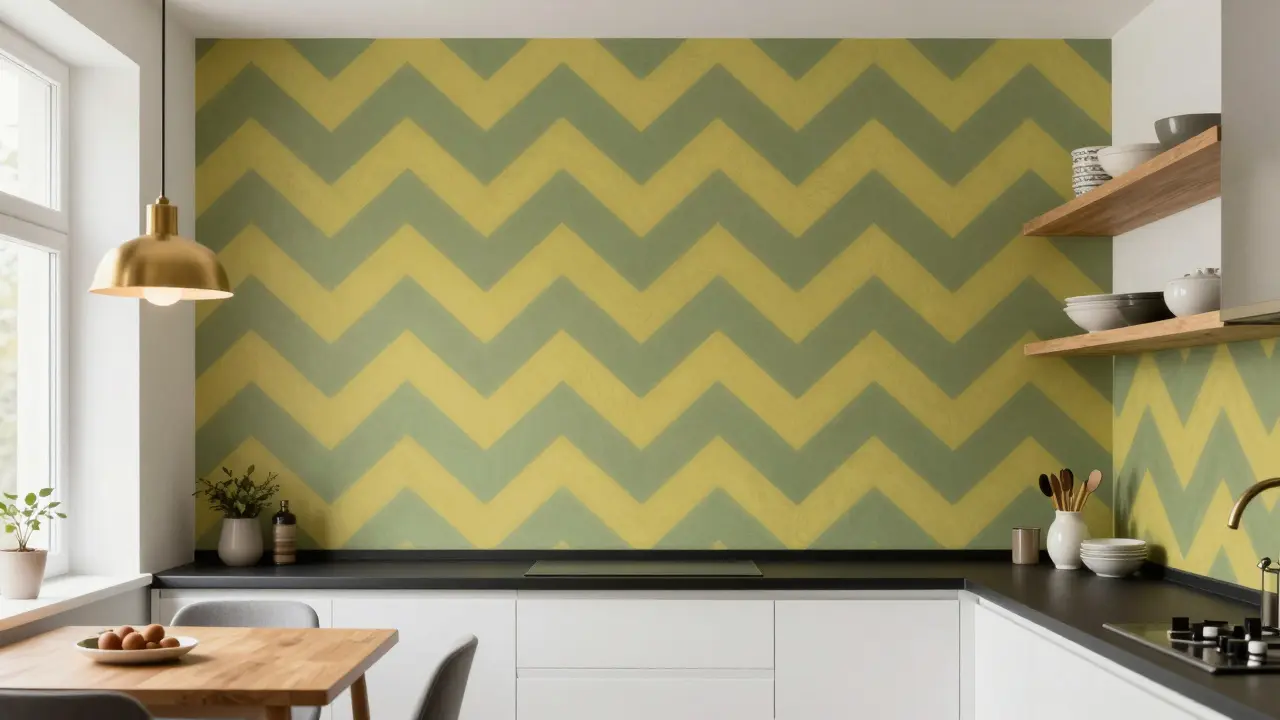 Kuchyně s retro vzorem v olivově zelené a avokádové barvě na jedné stěně, minimalistický nábytek a přírodní světlo.